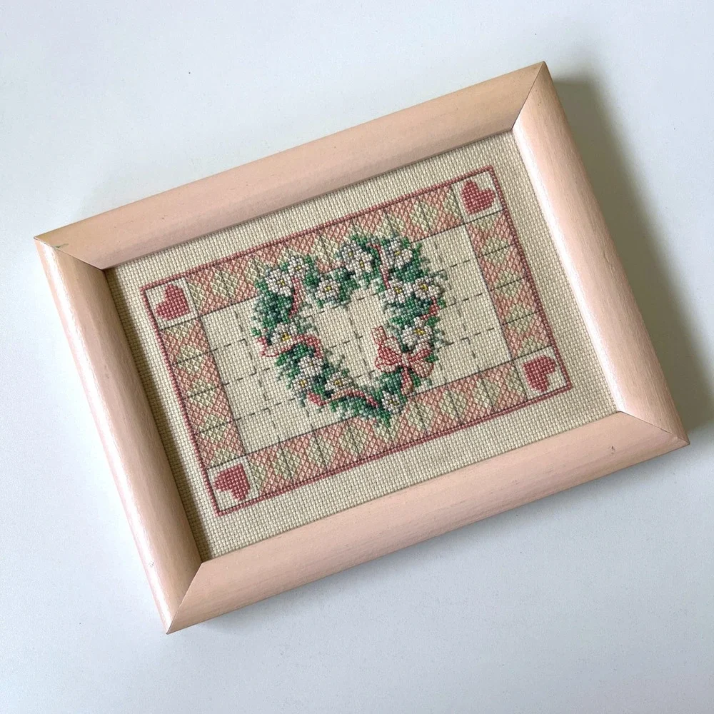 Vintage Framed Floral Heart Cross Stitch Needlepoint Wall Art Pink Cottagecore